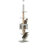 PawHut Arbre à chat du sol au plafond de 225-265 cm Arbre à chat avec hauteur réglable, plusieurs plateformes, escalier, boule suspendue gris clair