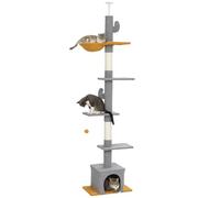 PawHut Arbre à Chat du Sol au Plafond, Hauteur 275 cm, Tour de Jeux pour Chat, 6 Niveaux, avec Plate-Formes, Niche, hamac, Balle, griffoirs, pour Grimper, gratter et Jouer, Gris Clair