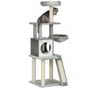 PawHut Arbre à Chat en Bois 141,5 cm Sisal avec Grotte pour Chat, Jouet pour Chat, lit Suspendu, Arbre d'escalade avec 2 Plateformes, Meubles pour Chatons, Gris