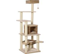 PawHut Arbre à chat en rotin avec grotte pour chats Arbre à chat à plusieurs niveaux Arbre à grimper pour chats E1 MDF Sisal Beige+Brun 55 x 55 x 174 cm