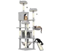 PawHut Arbre à Chat géant Hauteur 192 cm XXL, 2-3 Chats, Gris | Tour de Jeux pour Chat, Multi-Niveaux, 8 Poteaux à Griffer, 4 Plateformes, 2 Niches, 2 Hamacs, Échelle, 3 Boules