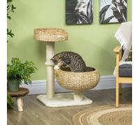 PawHut Arbre à chat griffoir 2 niveaux hauteur 72 cm poteau sisal avec niche et plate-forme 1 balle suspendue beige Description:Ce superbe arbre à gratter style cosy chic mêlant les revêtements en que