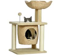 PawHut Arbre à Chat griffoir, Arbre à Grimper pour Chat, en quenouille, 1 Niche, Panier, Pompon, Tour de Jeux pour Chats, Peluche, Hauteur 74 cm, Beige