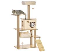 PawHut Arbre à Chat Hauteur 130 cm, Tour de Jeux pour Chat, platesformes, Niche, lit, hamac, échelle et 2 balles en Peluche, griffoirs en Jute, plusieux Niveaux, Jaune