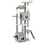 PawHut Arbre à Chat Hauteur 165 cm avec griffoir et poteaux en sisal, Tour de Jeux pour Chats, Centre d'activités avec 2 niches, Plateformes, hamac, échelle et 4 Pompons, Multi-Niveaux, Gris