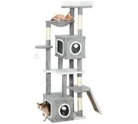 PawHut Arbre à Chat Hauteur 165 cm avec griffoir et poteaux en sisal, Tour de Jeux pour Chats, Centre d'activités avec 2 niches, Plateformes, hamac, échelle et 4 Pompons, Multi-Niveaux, Gris