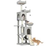 PawHut Arbre à Chat Hauteur 177 cm, Tour de Jeux pour Chat, 3 platesformes, 2 niches, 2 Lits, 2 hamacs, 1 échelle et 2 balles en Peluche, griffoirs en sisal, plusieux Niveaux, Gris Clair