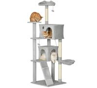PawHut Arbre à Chat Hauteur 180 cm, Tour de Jeux pour Chat, platesformes, niches, lit en Peluche, hamac, échelle et balles suspendues, griffoirs en sisal, plusieux Niveaux, Gris Clair