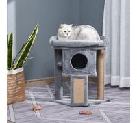 PawHut Arbre à chat hauteur de 57 cm avec griffoir en jute, niche, plateforme et balle de jeu, en tissu peluche gris clair