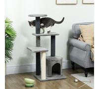 PawHut Arbre à Chat Multi-niveaux Hauteur 103 cm avec Poteaux Griffoirs en Sisal, Maisonnette et Boule en Peluche, Gris