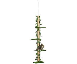PawHut Arbre à Chat Poteau à griffer Fixation Plafond Hauteur réglable 37 x 21 x 202-242 cm 4 Niveaux - Gazon et Feuilles artificiels Vert