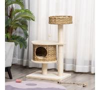 PawHut Arbre à Chat Rotin 95 cm Hauteur 3 Étages avec Plateforme, Panier Chat, Arbre à Chat avec Cabane à Chats Poteaux Sisal Boules de Jeux Mobilier pour Chat Sisal Nature+Beige