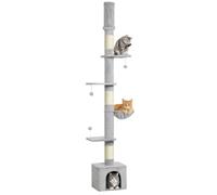PawHut Arbre à Chat Sol-Plafond 230-250 cm (90,6-98,4 Pouces), Tour Multi-Niveaux Réglable avec Griffoirs, Niche, Plateformes et 3 Jouets Suspendus, Gris Clair