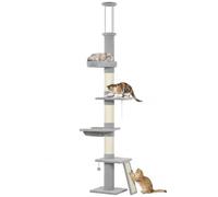 PawHut Arbre à Chat Sol-Plafond 230-260 cm, Support 3 tiges, Gris Clair | Tour à chat 5 niveaux, couchage, hamac, poteaux à griffer en sisal