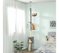 PawHut Arbre à Chat Sol-Plafond Hauteur Réglable 220-240cm avec Hamac Plateformes en Fleur Maisonnette Rampe Balle Gris clair