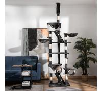 PawHut Arbre à Chat Suspendu avec Hauteur Réglable 240-260cm, Arbre à Chat à Plusieurs Niveaux avec Cabanes, Hamacs et Échelles, Cordes en Sisal, Gris Foncé et Blanc