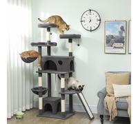 PawHut Arbre à chat tour de jeux pour chat avec griffoir 3 lits 2 niches plateformes et 3 jouets suspendus hauteur 174 cm gris