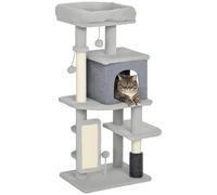 PawHut Arbre à Chat, Tour de Jeux pour Chats, Hauteur de 104 cm, avec Tapis griffoir, lit pour Chat, Maison pour Chat, Plateformes, Brosse de toilettage, balles de Jeu, Gris Clair