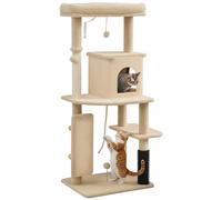 PawHut Arbre à Chat, Tour de Jeux pour Chats, Hauteur de 132 cm, avec Tapis griffoir, lit, Maison, Plateformes, Brosse de toilettage, balles de Jeu, Beige