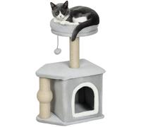 Pawhut Arbre à chat H.66 cm – poteaux à griffer en jute, lit maison, plateforme, balle de jeu – Gris