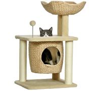 PawHut Arbre à Chat griffoir, Arbre à Grimper pour Chat, en quenouille, 1 Niche, Panier, Pompon, Tour de Jeux pour Chats, Peluche, Hauteur 74 cm, Beige