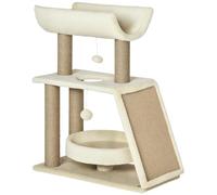 PawHut Arbre à Chats Design Cosy Chic Multi-équipements Centre d'activités griffoirs grattoir Plateformes lit Jeu Boule Suspendue en Bois et Peluche Courte sisal 60 x 30 x 76 cm Brun Clair