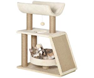 PawHut Arbre à Chats Design Cosy Chic Multi-équipements Centre d'activités griffoirs grattoir Plateformes lit Jeu Boule Suspendue en Bois et Peluche Courte sisal 60 x 30 x 76 cm Brun Clair
