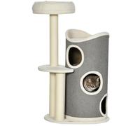 PawHut Arbre à gratter 109cm, Tonneau à gratter, Chats <5kg, Blanc+Gris | Lit pour chat, troncs en sisal, poteau à gratter multi-niveaux, arbre à grimper.