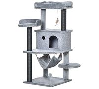 PawHut Arbre à gratter pour chat avec poteau, maison, lit, 4 plateformes, hamac et 2 jouets, tour pour chat en aggloméré, peluche, sisal et feutre, 48x48x107 cm, gris
