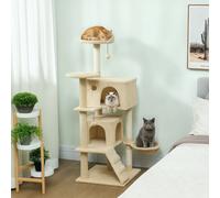 PawHut Arbre à griffer 140 cm Tour pour chat avec hamac, échelle, tanière, 2 balles en peluche, poteaux en sisal, 48 x 48 x 140 cm, Beige