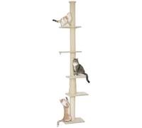 PawHut Arbre à griffer plafond réglable 225-275cm blanc crème | Arbre à chat avec colonnes à griffer, 5 plateformes, tour pour chats moyens.