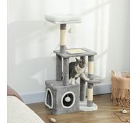 PawHut Arbre Griffoir pour Chats avec Maisonnette, Lit et 2 Balles, en Bois et Peluche, 55x40x107 cm, Gris et Blanc