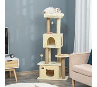 PawHut Arbre Griffoir pour Chats de 136 cm avec Niche Amovible, Maisonnette et Lit, Poteaux en Jute, Beige