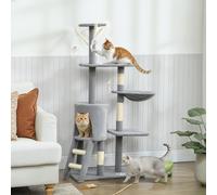 PawHut Arbre Griffoir pour Chats Hauteur 134 cm avec 6 Poteaux 3 Plateformes Tanière Hamac Échelle 4 Jouets Suspendus Gris
