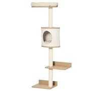 PawHut Arbre mural pour chat - Lit supérieur - Coussin amovible - Poteaux grattoirs en sisal - Tour d'escalade - Cabane - 38 x 30 x 149 cm - Beige et chêne