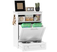 PawHut Armoire pour animaux de compagnie avec 2 gamelles en acier inoxydable, 3 crochets, armoire de rangement, compartiment ouvert et porte basculante, mangeoire pour chien, 61 x 35,5 x 82 cm, blanc