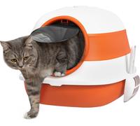 PawHut bac à litière avec couvercle, bac à litière avec désodorisant, grille de fond, pelle à litière, grand espace intérieur pour chats jusqu'à 5 kg, blanc+orange, 52 x 41 x