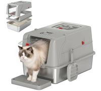 PawHut Bac à litière Chat INOX, Couvercle, Pelle, marchepied, Gris Clair | Bac à litière XL en métal fermé à bords hauts avec pédale, filtre anti-odeurs, entrées multiples et nettoyage facile