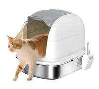 PawHut Bac à litière en acier inoxydable avec couvercle, toilettes pour chat avec cuvette, pelle incluse, pour chats de moins de 5 kg, blanc