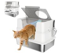 PawHut Bac à litière en Acier Inoxydable XL avec Couvercle, Gris Clair | Boîte à litière, pelle, double entrée latérale et supérieure, nettoyage facile, contrôle des odeurs, anti-fuite