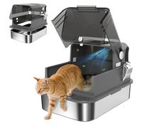 PawHut Bac à litière en INOX avec Couvercle XXL pour Gros Chats Noir | Bac à litière XXL fermé, côtés hauts, 2 portes, pelle, anti-odeurs, anti-fuite, nettoyage facile