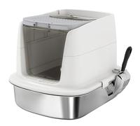 PawHut Bac à Litière Fermé en Inox, Couvercle Amovible, Entrée Frontale et Sortie Supérieure, Pelle, 52,4x41,3x39,8cm, Blanc
