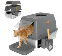 PawHut Bac à litière fermé XL en Acier Inoxydable, Maison de Toilette pour Grand Chat, Nettoyage Facile avec Couvercle, Marche Anti-Dispersion, Pelle et Double entrée, 60 x 40 x 38 cm, Gris foncé