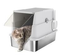 PawHut Bac à Litière Fermé XL pour Grand Chat 60,2x40,2x43,3 cm Gris Clair | en Acier Inoxydable, Maison de Toilette, Nettoyage Facile, avec Couvercle et Pelle