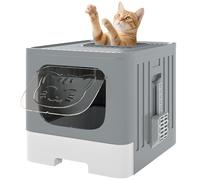 PawHut Bac à litière Pliable pour Chat, M, Bac à litière pour Chat avec Couvercle grillagé, Plateau Amovible, Pelle, Crochet latéral, Facile à Nettoyer, Anti-fuites, contrôle des odeurs, Gris