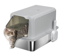 PawHut Bac à litière pour chat en acier inoxydable avec couvercle, bac à litière intégré, filtre à litière intégré, pelle à litière pour grands chats, gris