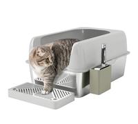 PawHut Bac à litière pour Chat en Acier Inoxydable, bac à litière antiadhésif Facile à Nettoyer avec Bords Hauts Anti-Fuite d'urine, Meuble litière Chat avec Pelle en métal et Support de Pelle, Gris