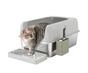 PawHut Bac à litière pour Chat en Acier Inoxydable, bac à litière antiadhésif Facile à Nettoyer avec Bords Hauts Anti-Fuite d'urine, Meuble litière Chat avec Pelle en métal et Support de Pelle, Gris