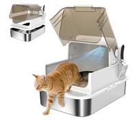 PawHut Bac à litière pour Chat fermé en Acier Inoxydable, Maison de Toilette pour Chat avec Pelle, Couvercle ouvrable, Anti-Fuite et Nettoyage Facile, 70 x 50 x 46,5 cm, Blanc