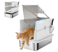 PawHut Bac à litière pour Chat fermé en Acier Inoxydable, Maison de Toilette pour Chat avec Porte, Couvercle ouvrable, Pelle, Anti-Fuite, Nettoyage Simple, 60,2 x 40,2 x 43,7 cm, Gris Clair